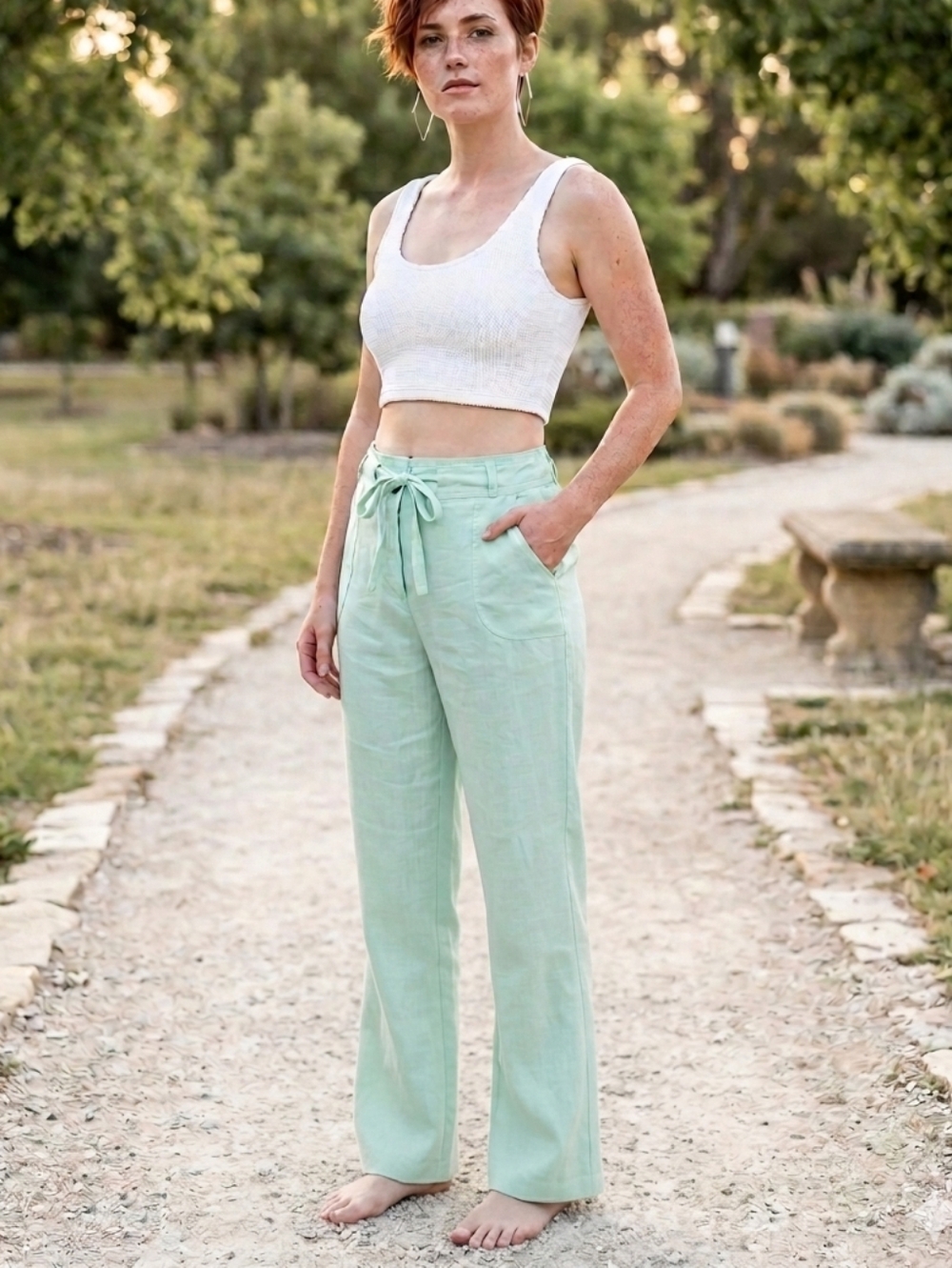 NWT Denim&Co🌿100% LINEN Mint Green Wide-Leg Tie-Waist Pants Sz L/XL